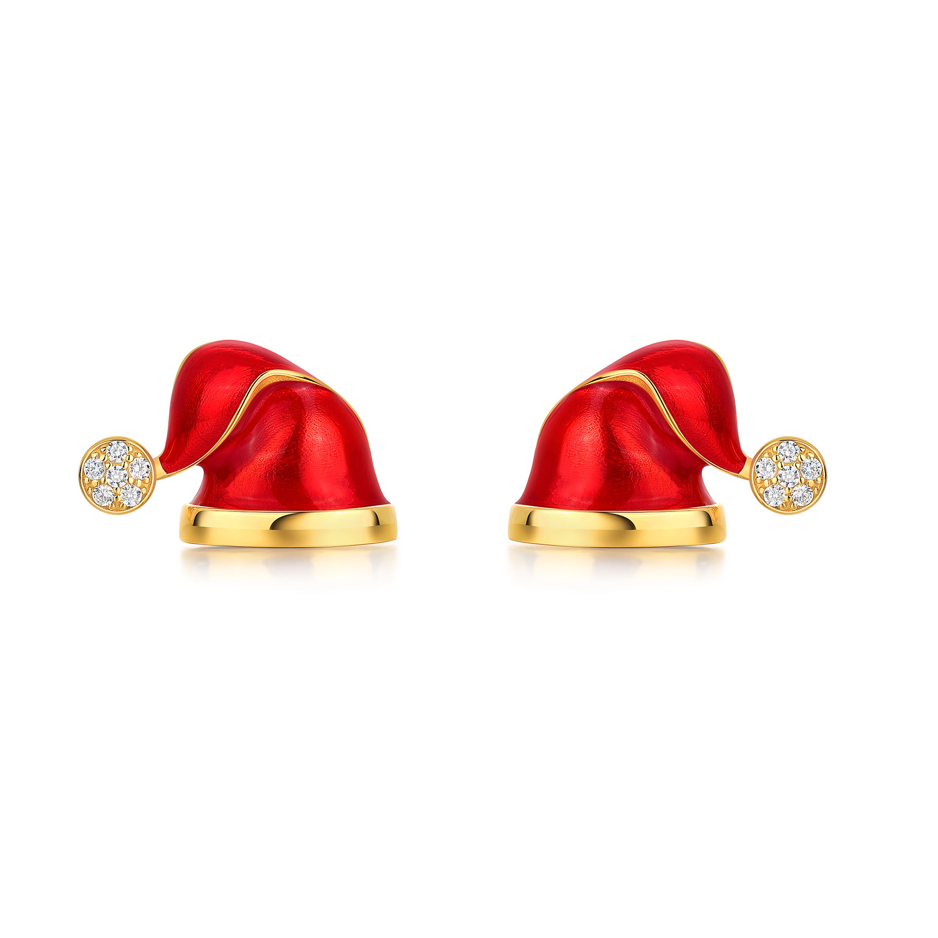 Round Cut Diamond White Yellow Gold Sterling Silver Santa Hat Stud Earrings Gifts for Christmas