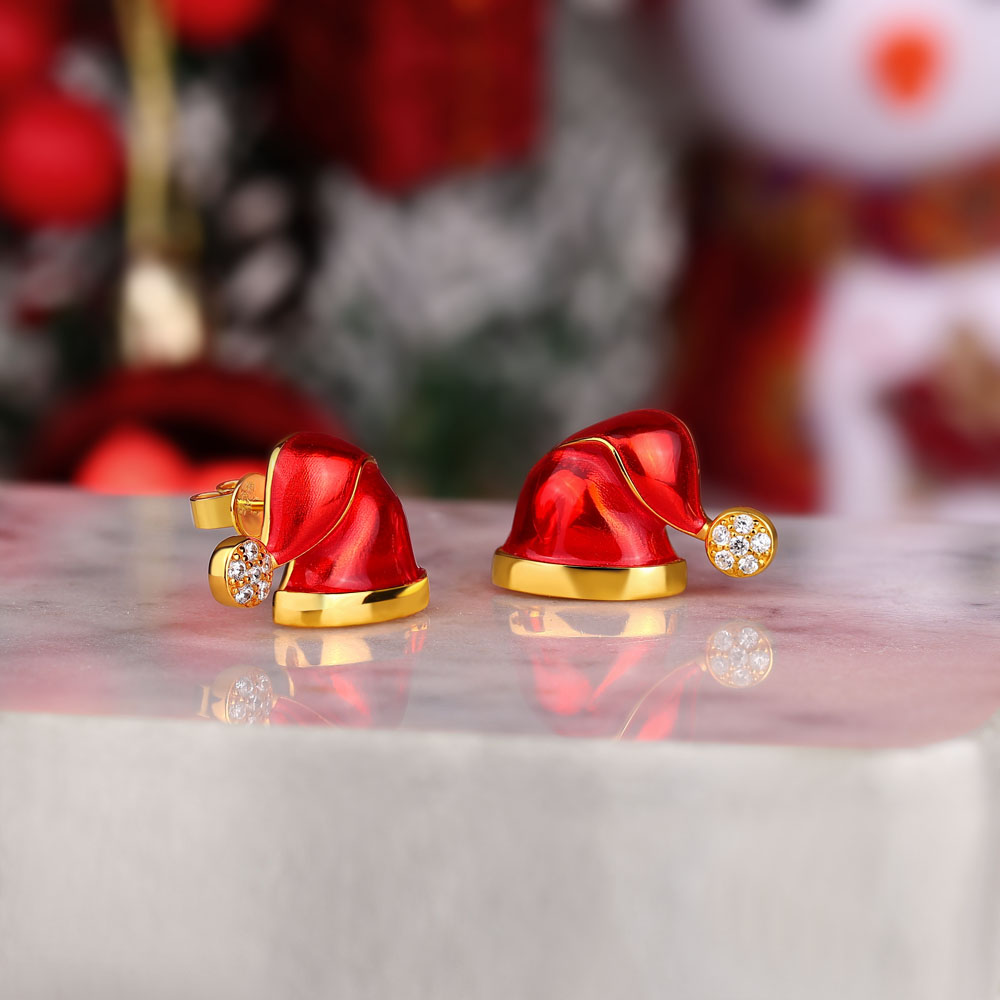 Round Cut Diamond White Yellow Gold Sterling Silver Santa Hat Stud Earrings Gifts for Christmas