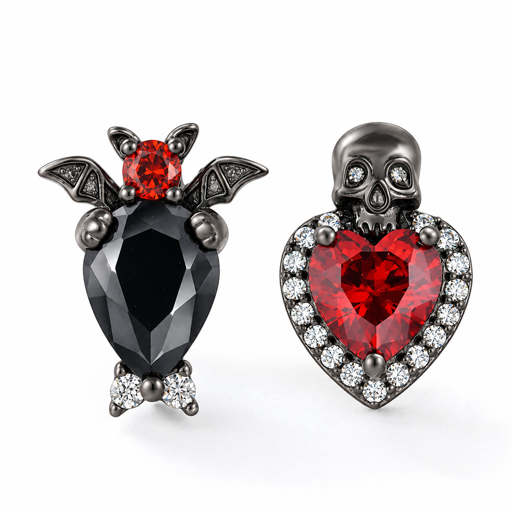 Halloween Sterling Silver Gothic Bat and Skull Heart Stud Earrings 