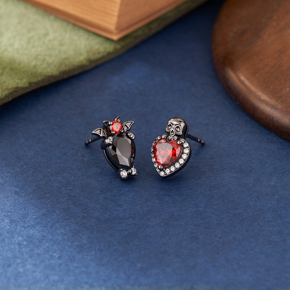 Halloween Sterling Silver Gothic Bat and Skull Heart Stud Earrings 