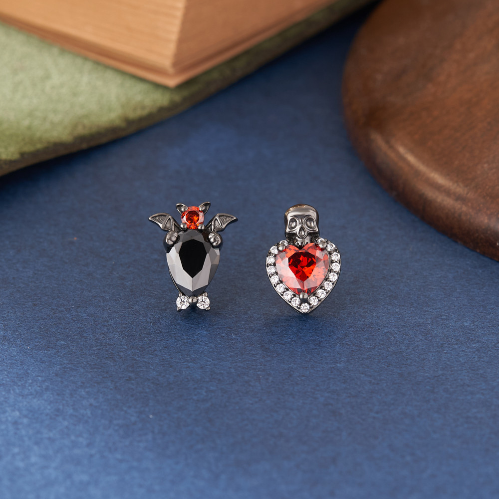 Halloween Sterling Silver Gothic Bat and Skull Heart Stud Earrings 