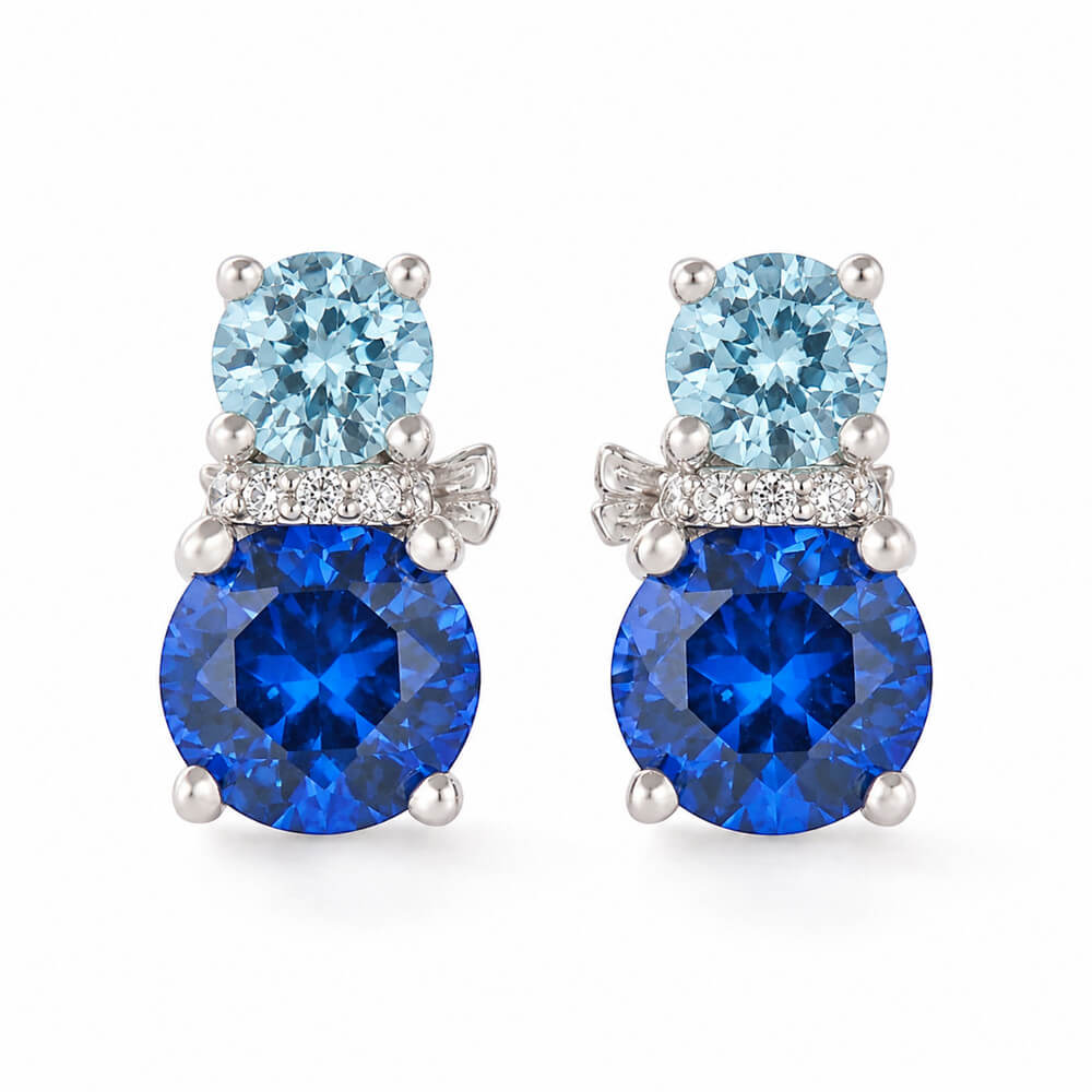 Round Cut Sapphire Blue & Aquamarine Sterling Silver Stud Earrings