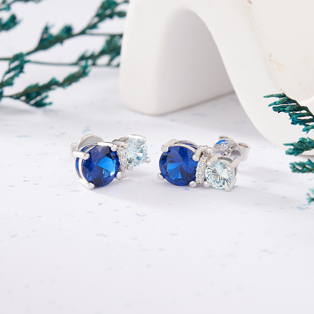 Round Cut Sapphire Blue & Aquamarine Sterling Silver Stud Earrings