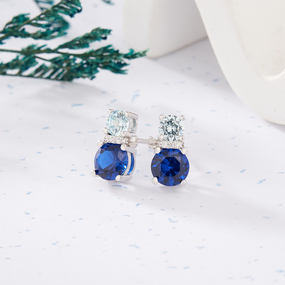 Round Cut Sapphire Blue & Aquamarine Sterling Silver Stud Earrings