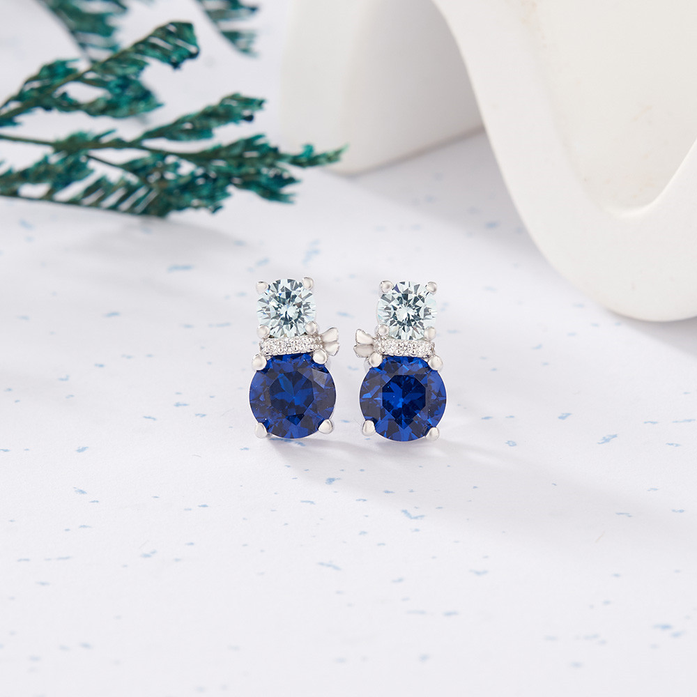 Round Cut Sapphire Blue & Aquamarine Sterling Silver Stud Earrings