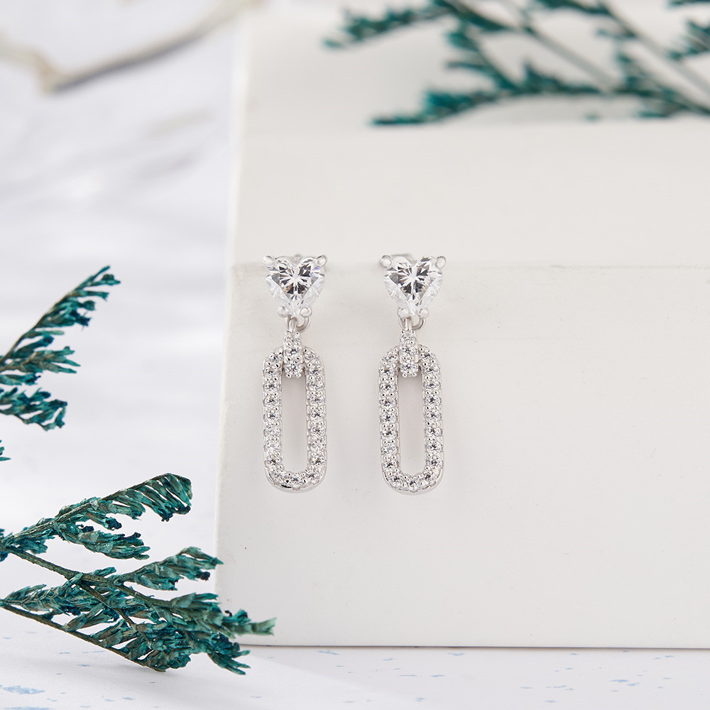 Elegant Heart Cut Diamond White 925 Sterling Silver Drop Earrings