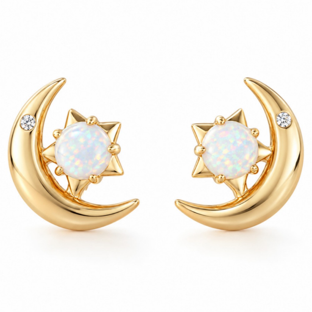 Round Cut Opal Moon and Star Sterling Silver Yellow Gold Stud Earrings