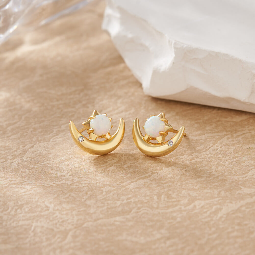 Round Cut Opal Moon and Star Sterling Silver Yellow Gold Stud Earrings
