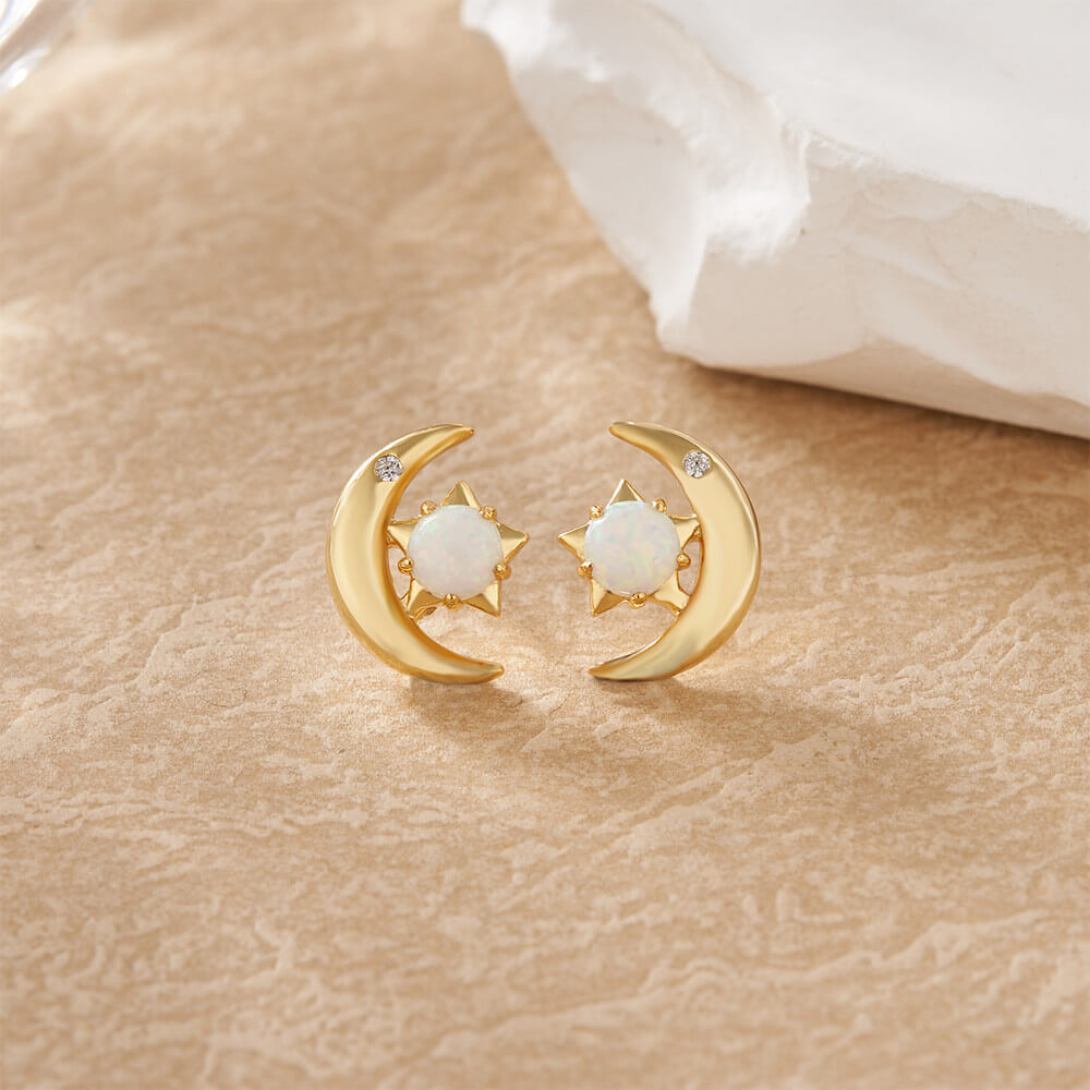 Round Cut Opal Moon and Star Sterling Silver Yellow Gold Stud Earrings