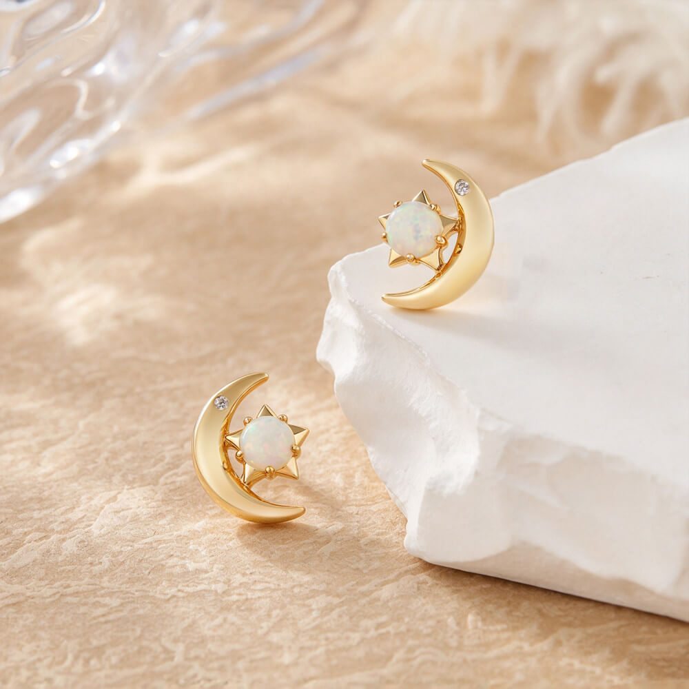 Round Cut Opal Moon and Star Sterling Silver Yellow Gold Stud Earrings
