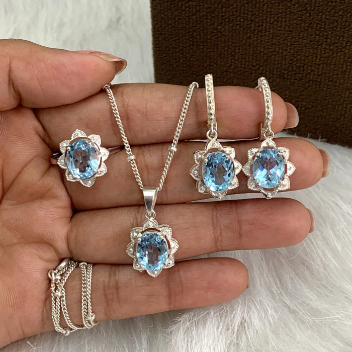 Oval Cut Aquamarine Blue 925 Sterling Silver Classic Jewelry Set
