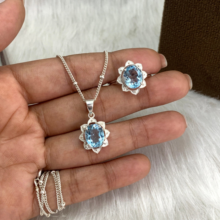 Oval Cut Aquamarine Blue 925 Sterling Silver Classic Jewelry Set