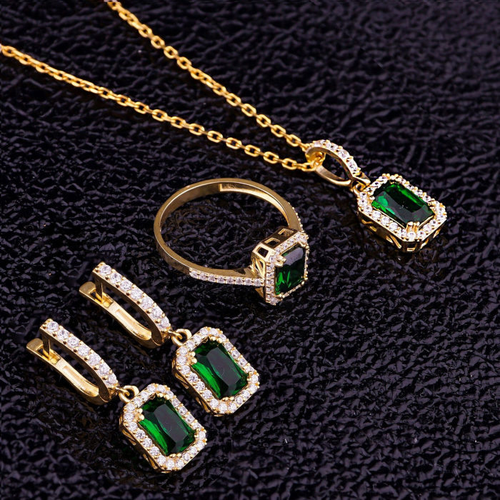 Radiant Cut Emerald Green 925 Sterling Silver Yellow Gold Halo Jewelry Set