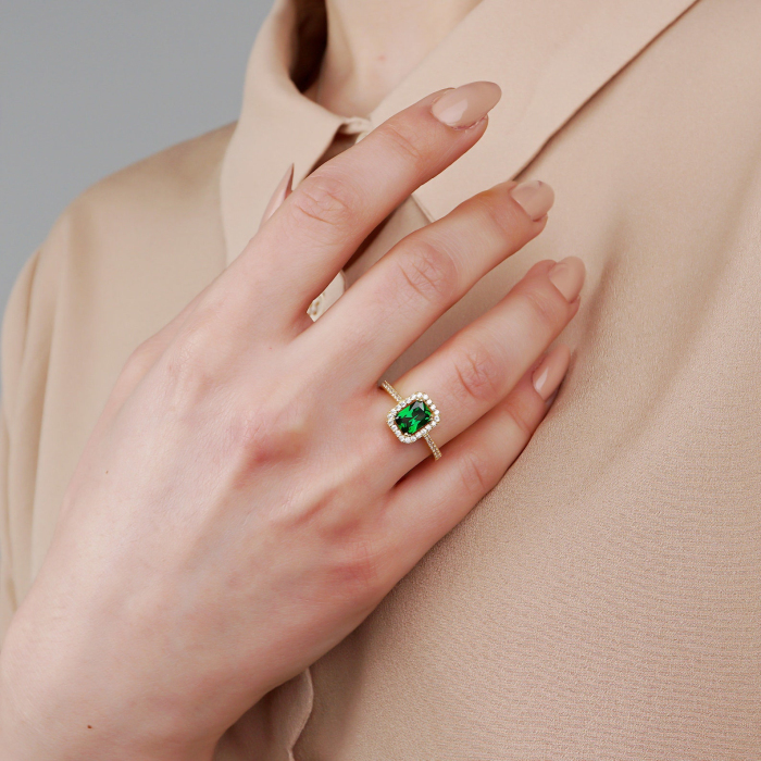 Radiant Cut Emerald Green 925 Sterling Silver Yellow Gold Halo Jewelry Set