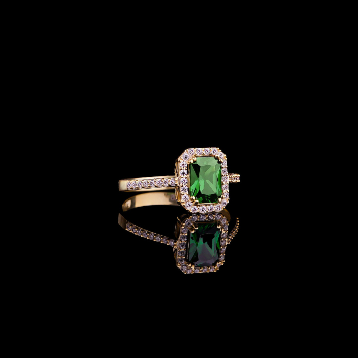 Radiant Cut Emerald Green 925 Sterling Silver Yellow Gold Halo Jewelry Set