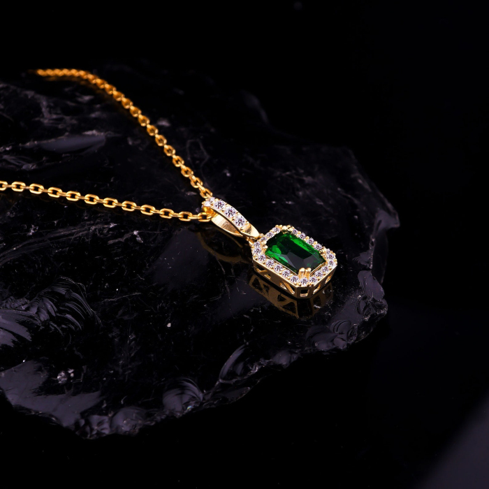 Radiant Cut Emerald Green 925 Sterling Silver Yellow Gold Halo Jewelry Set