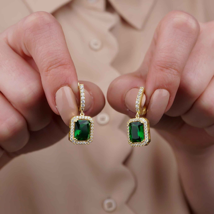 Radiant Cut Emerald Green 925 Sterling Silver Yellow Gold Halo Jewelry Set