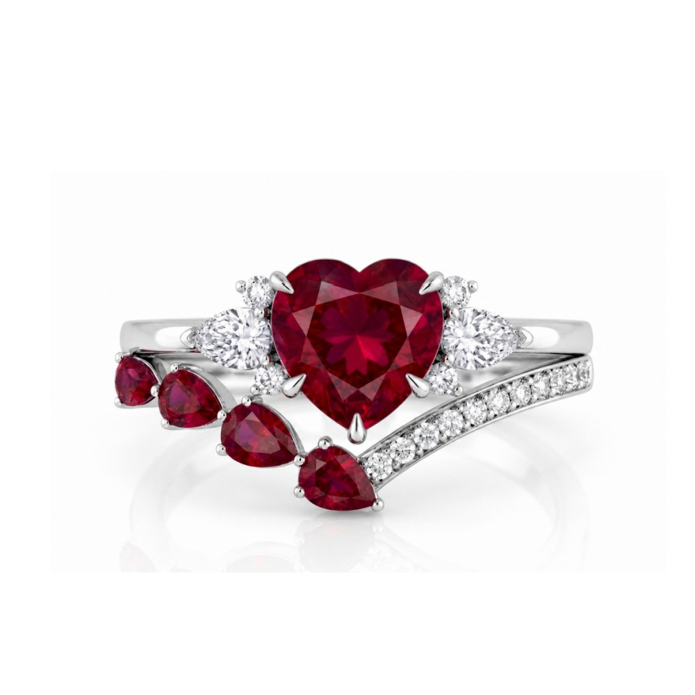 Heart Cut Ruby Red 925 Sterling Silver Curved Bridal Ring Sets