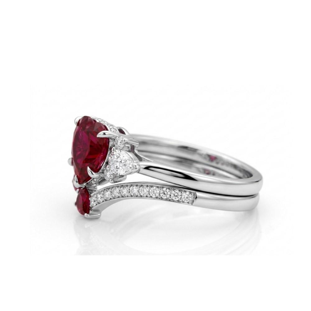Heart Cut Ruby Red 925 Sterling Silver Curved Bridal Ring Sets
