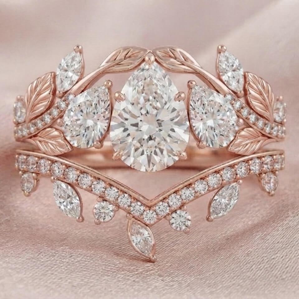 Pear Cut Diamond White 925 Sterling Silver Rose Gold Leaves Three Stone Bridal Ring Sets