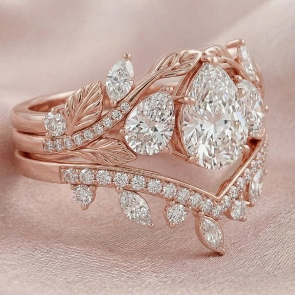 Pear Cut Diamond White 925 Sterling Silver Rose Gold Leaves Three Stone Bridal Ring Sets