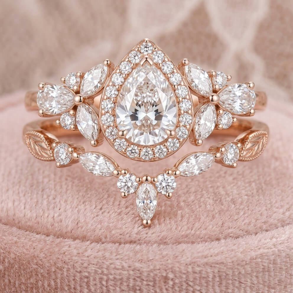 Pear Cut Diamond White 925 Sterling Silver Rose Gold Halo Bridal Ring Sets