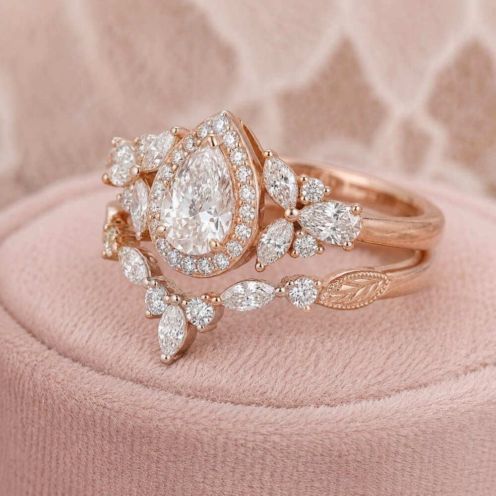 Pear Cut Diamond White 925 Sterling Silver Rose Gold Halo Bridal Ring Sets