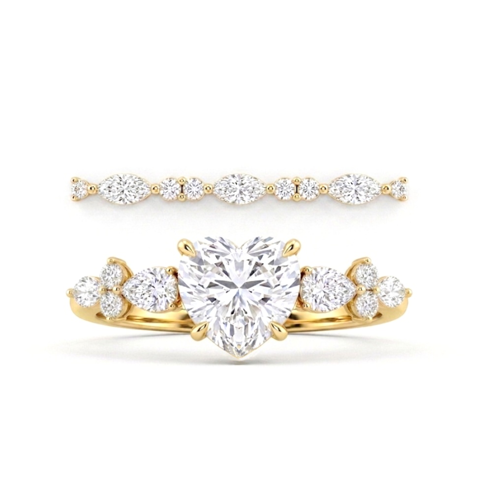 Heart Cut Diamond White 925 Sterling Silver Yellow Gold Floral Bridal Ring Sets