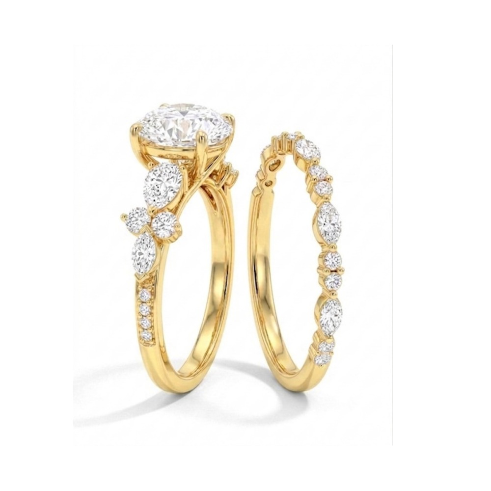 Heart Cut Diamond White 925 Sterling Silver Yellow Gold Floral Bridal Ring Sets