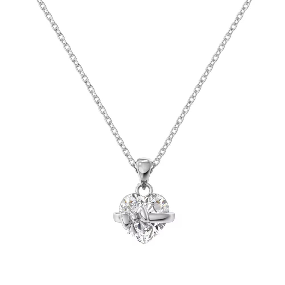 Heart Cut Diamond White Heart Bow 925 Sterling Silver Pendant Necklace 18"(45cm)