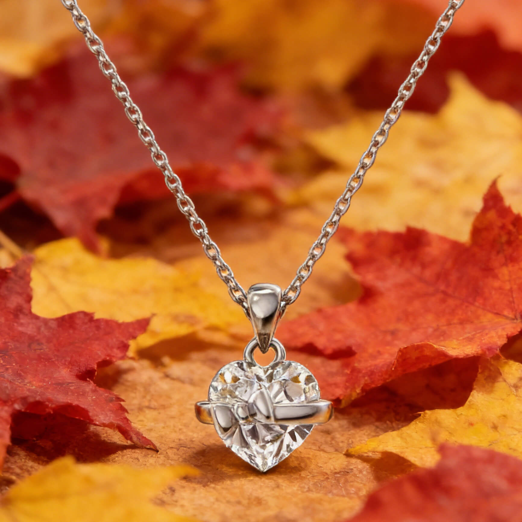 Heart Cut Diamond White Heart Bow 925 Sterling Silver Pendant Necklace 18"(45cm)