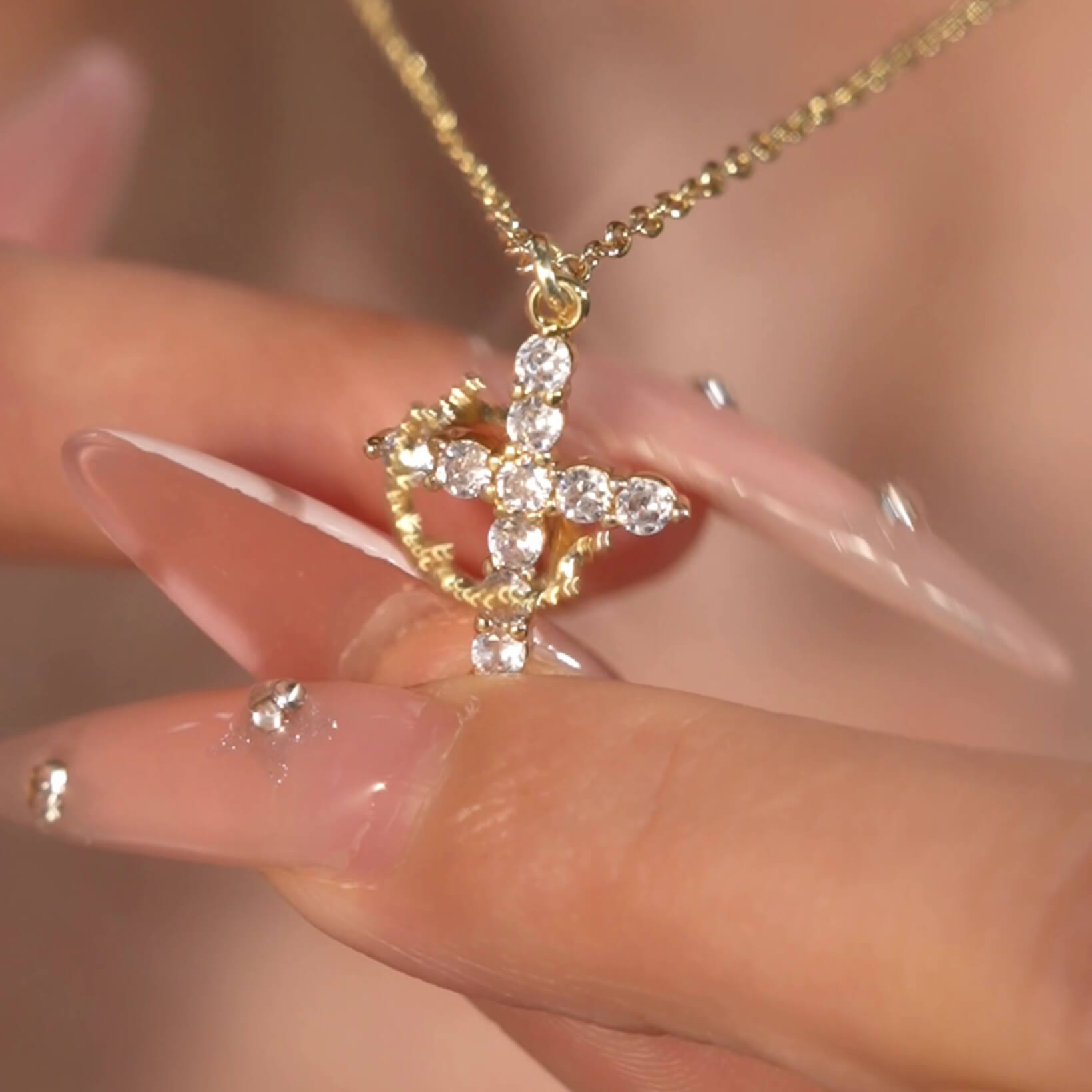 Round Cut Diamond White Gold/Silver Sterling Silver Rotating Crown Cross Necklace