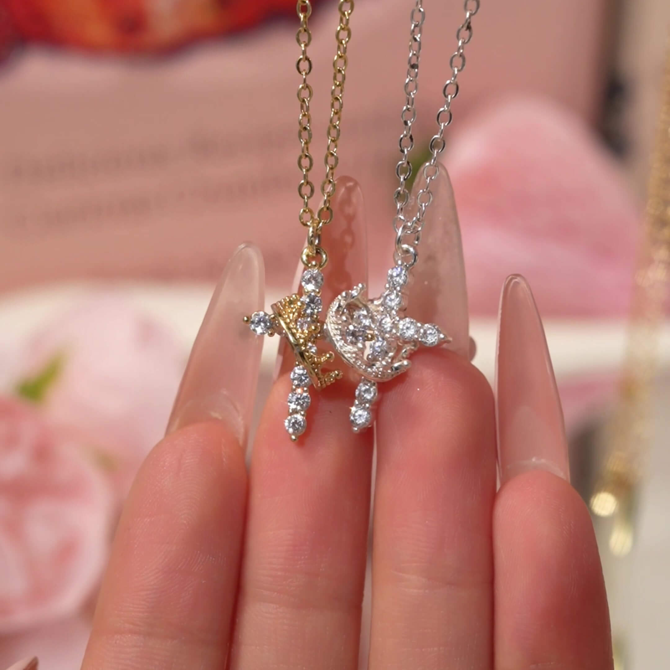 Round Cut Diamond White Gold/Silver Sterling Silver Rotating Crown Cross Necklace