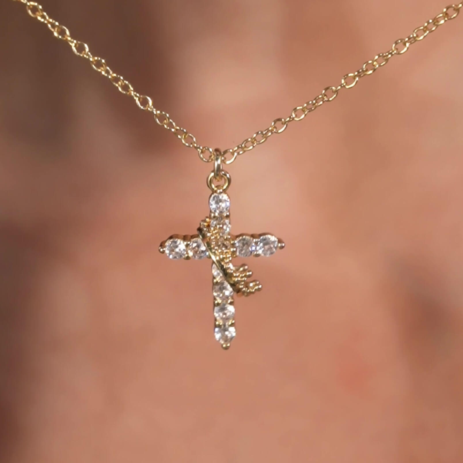 Round Cut Diamond White Gold/Silver Sterling Silver Rotating Crown Cross Necklace