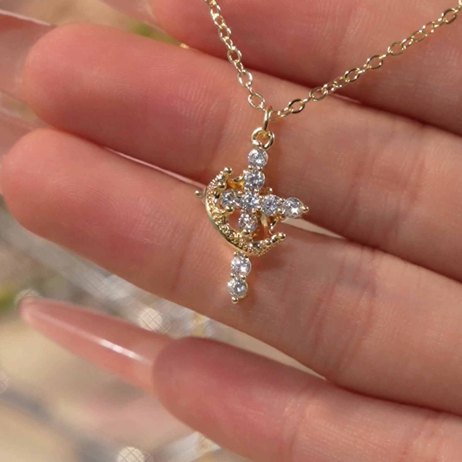 Round Cut Diamond White Gold/Silver Sterling Silver Rotating Crown Cross Necklace