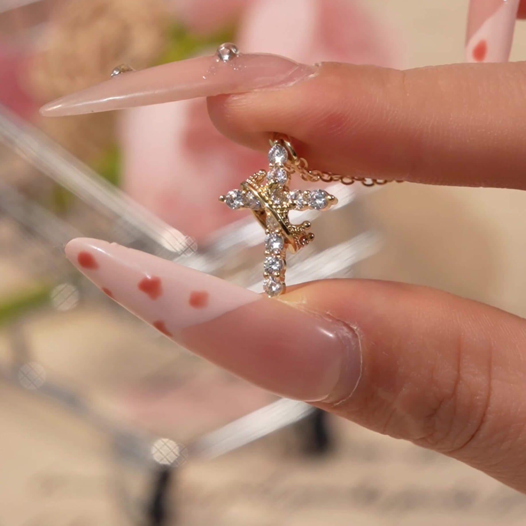 Round Cut Diamond White Gold/Silver Sterling Silver Rotating Crown Cross Necklace