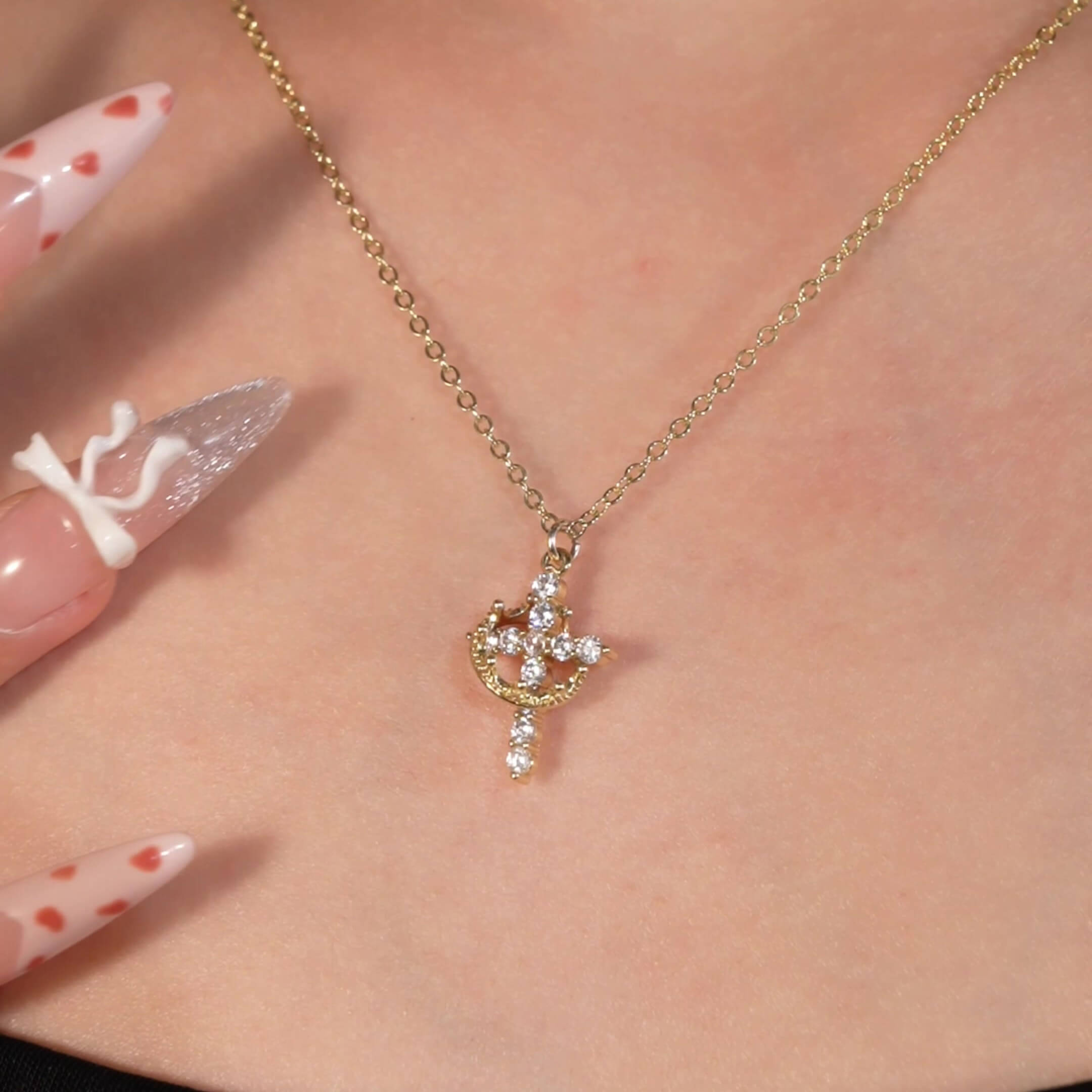 Round Cut Diamond White Gold/Silver Sterling Silver Rotating Crown Cross Necklace