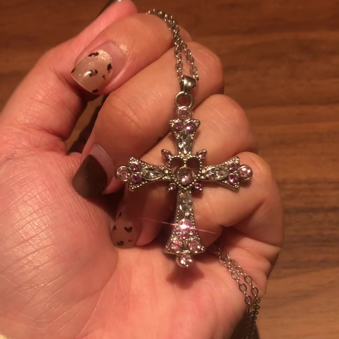 Round Cut Fancy Pink Sterling Silver Vintage Cross Pendant Necklace