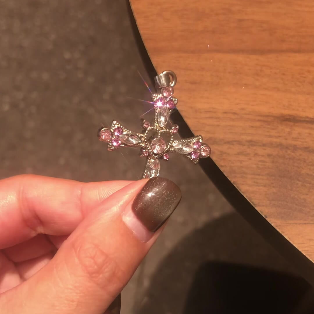 Round Cut Fancy Pink Sterling Silver Vintage Cross Pendant Necklace