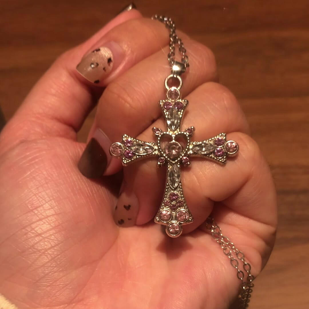 Round Cut Fancy Pink Sterling Silver Vintage Cross Pendant Necklace