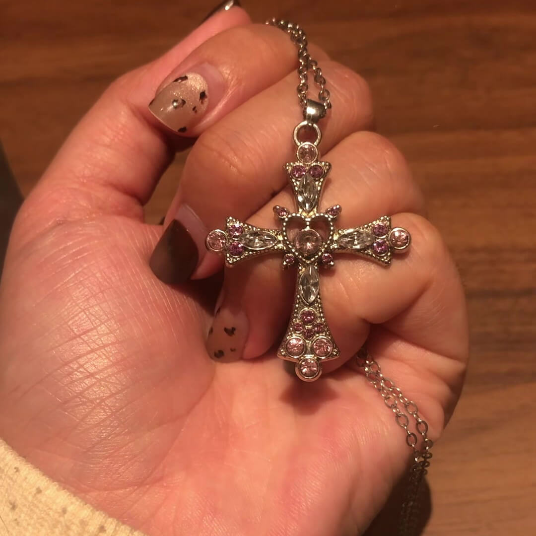 Round Cut Fancy Pink Sterling Silver Vintage Cross Pendant Necklace