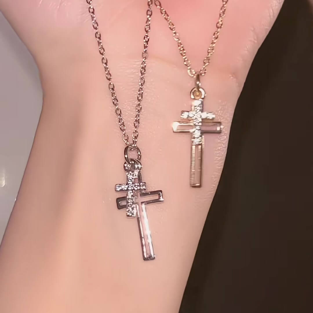 Round Cut Diamond White Gold/Silver Sterling Silver Double Layer Hollow Cross Necklace