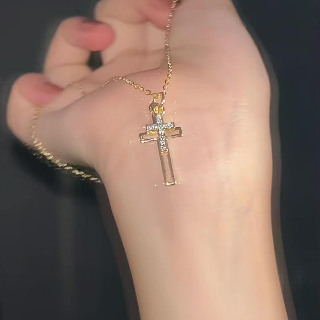 Round Cut Diamond White Gold/Silver Sterling Silver Double Layer Hollow Cross Necklace