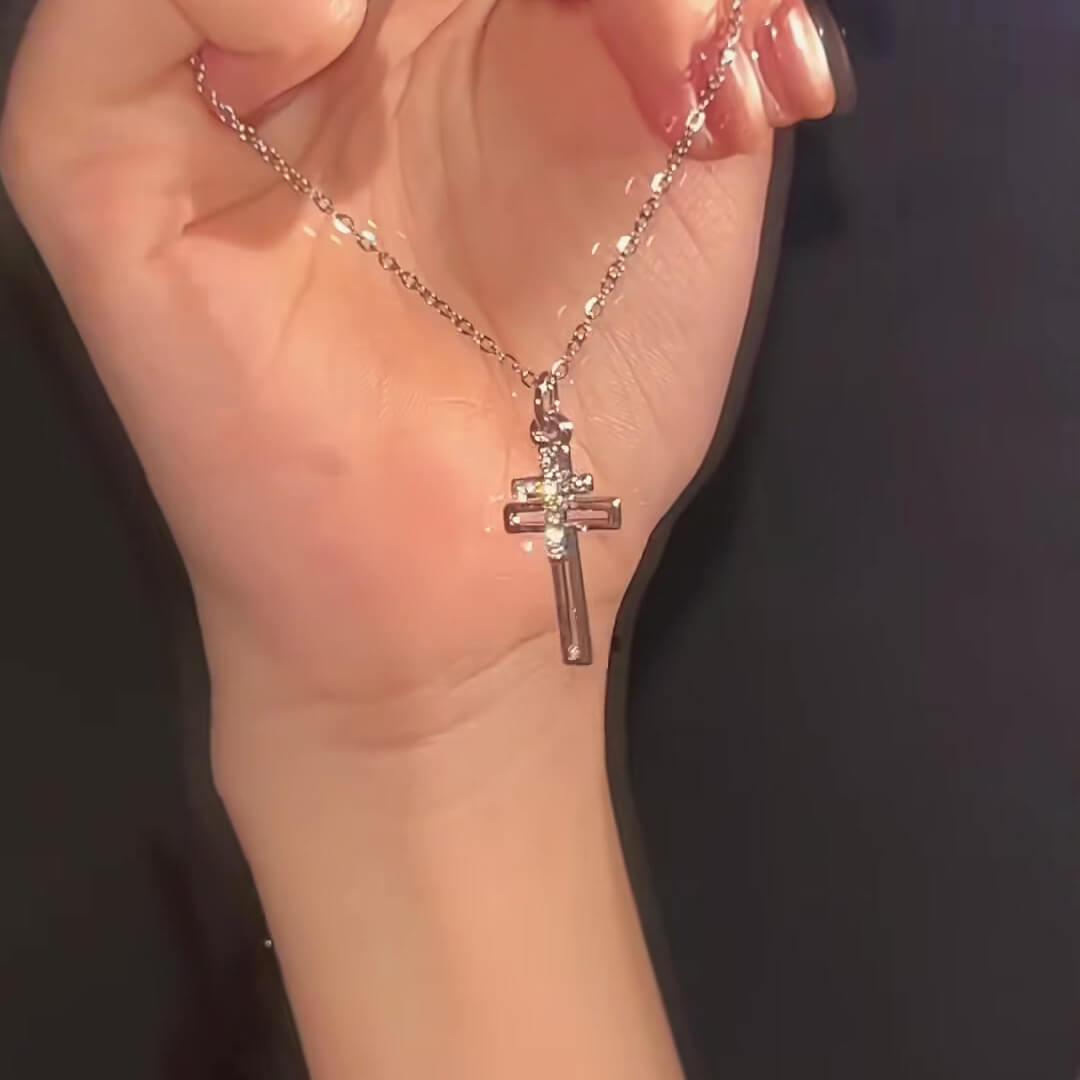 Round Cut Diamond White Gold/Silver Sterling Silver Double Layer Hollow Cross Necklace