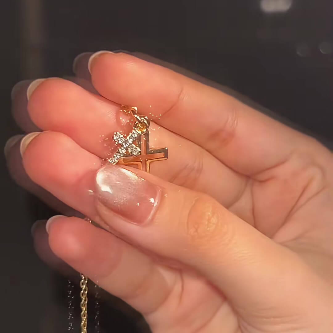 Round Cut Diamond White Gold/Silver Sterling Silver Double Layer Hollow Cross Necklace