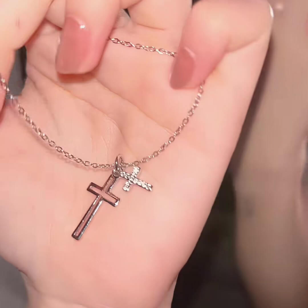 Round Cut Diamond White Gold/Silver Sterling Silver Double Layer Hollow Cross Necklace