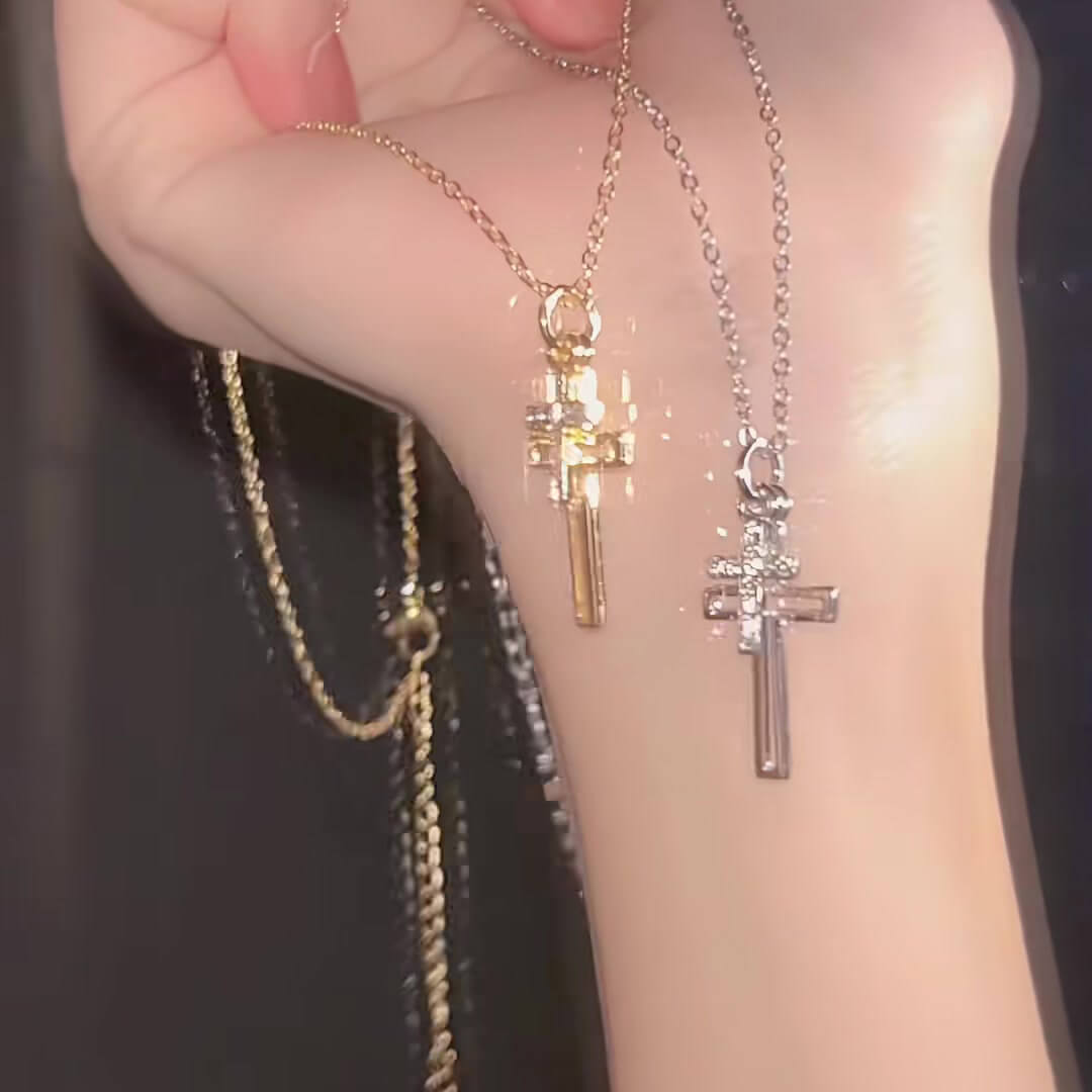 Round Cut Diamond White Gold/Silver Sterling Silver Double Layer Hollow Cross Necklace