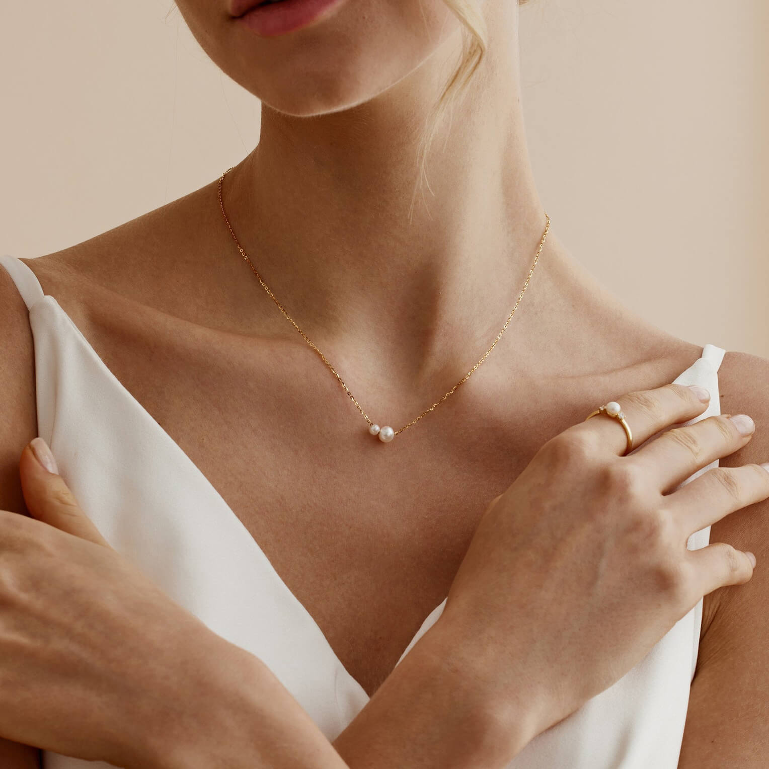 Minimalist Double Pearl Yellow Gold Sterling Silver Necklace