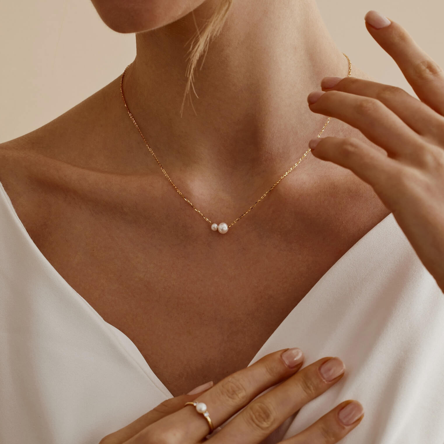 Minimalist Double Pearl Yellow Gold Sterling Silver Necklace