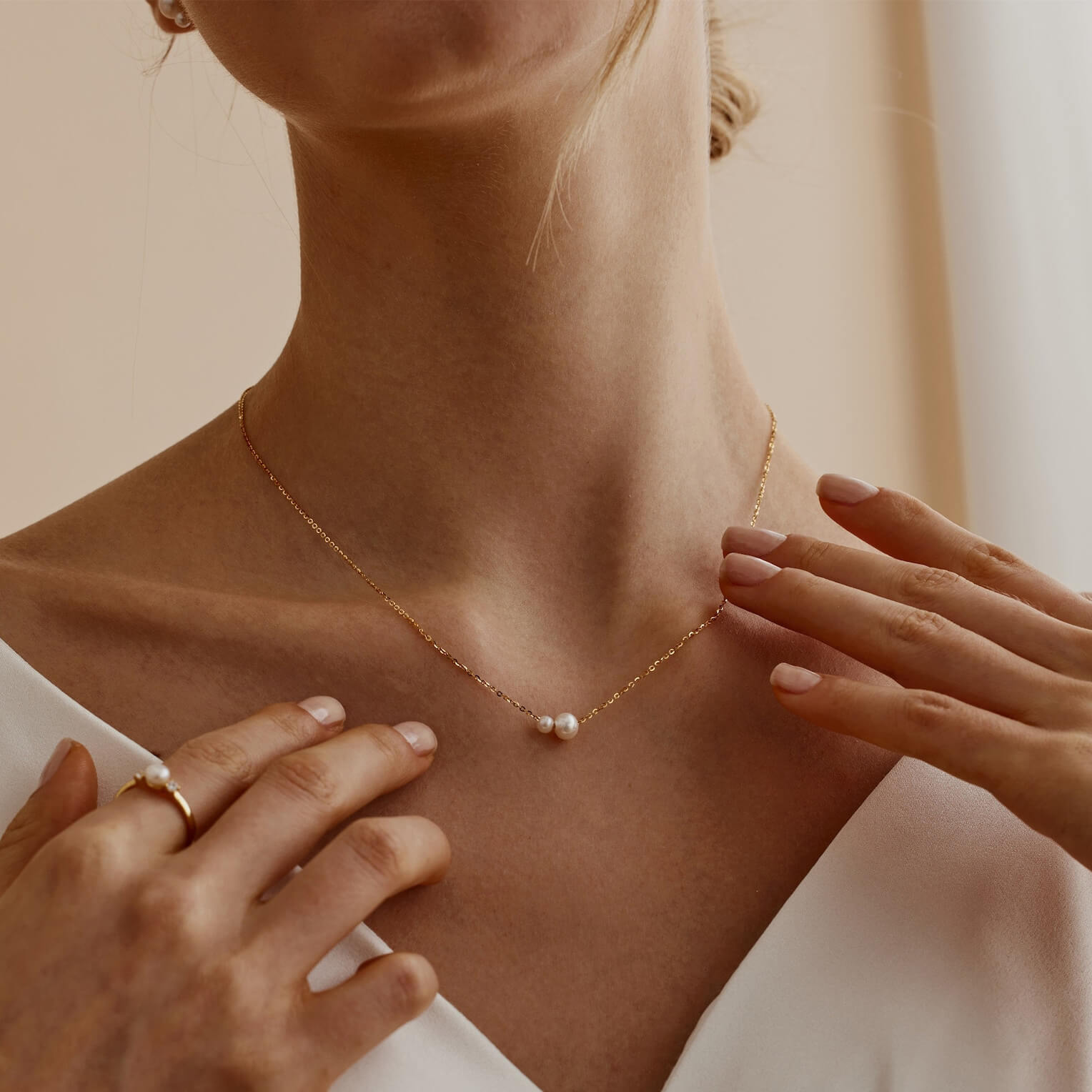 Minimalist Double Pearl Yellow Gold Sterling Silver Necklace